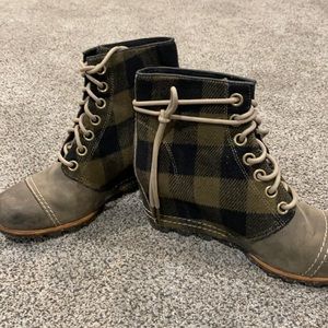 Wedge Boots Green Black Buffalo Plaid Leather